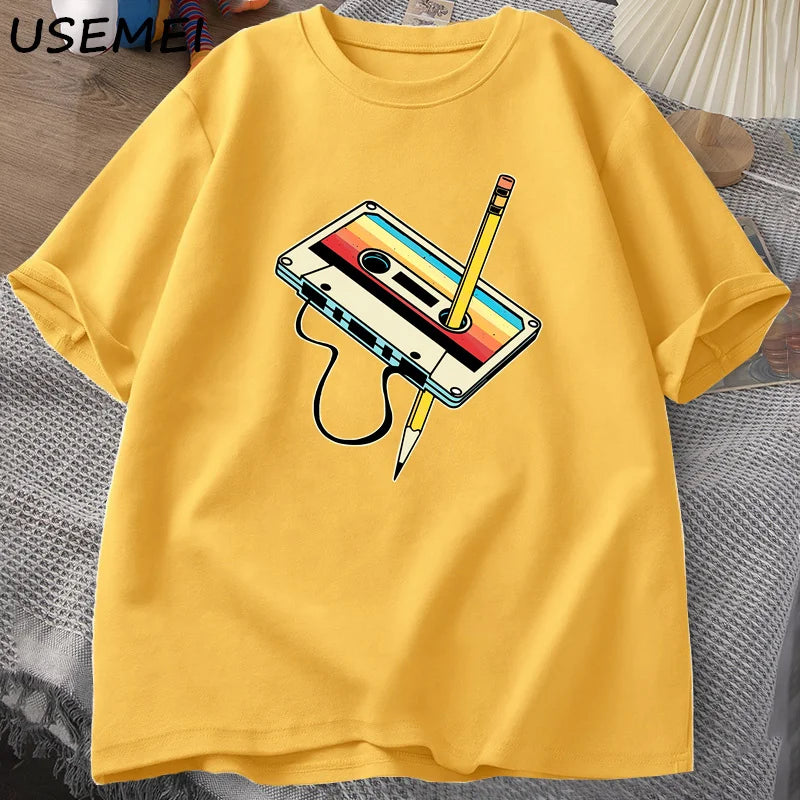 80s Cassette Tape Pencil T Shirts Men Women Retro Vintage Throwback Music Short Sleeve Graphic T Shirts Cotton Casual 90s Tees