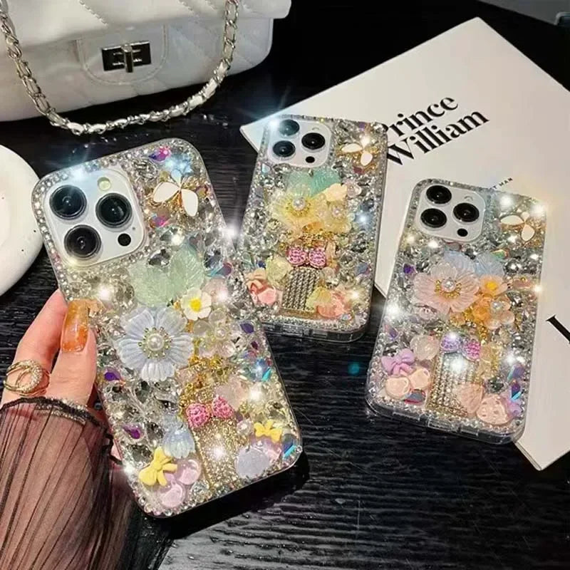 Rhinestone Phone Case for iPhone 16 16e 15 14 13 12 11 Pro Max Plus mini X XS XR SE 2020 2022 Case Flower Diamond Cover Sunjolly