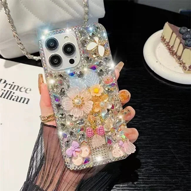 Rhinestone Phone Case for iPhone 16 16e 15 14 13 12 11 Pro Max Plus mini X XS XR SE 2020 2022 Case Flower Diamond Cover Sunjolly