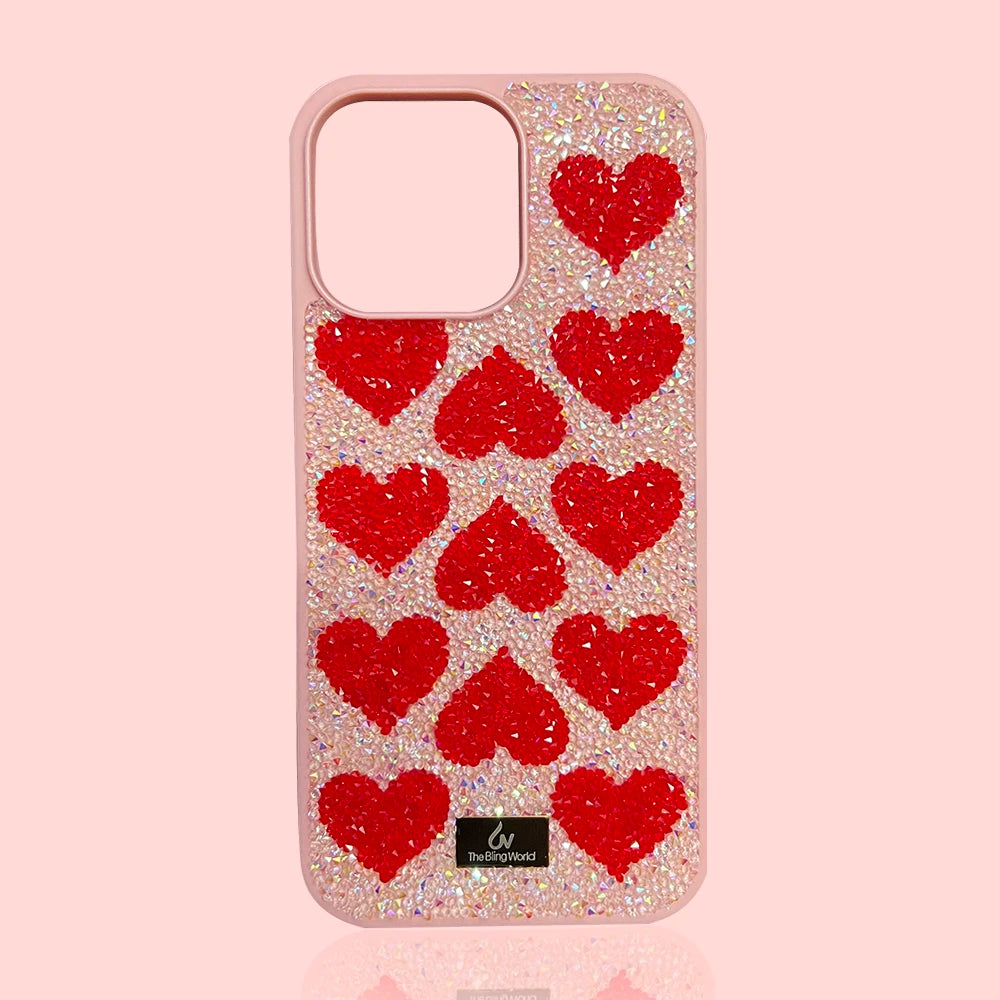 Luxury Rhinestone Phone Case For Iphone 17 16 Pro Max 15 14 13 Pro Cute Teenage Girl Bling Rhinestone Love Heart Shockproof Case