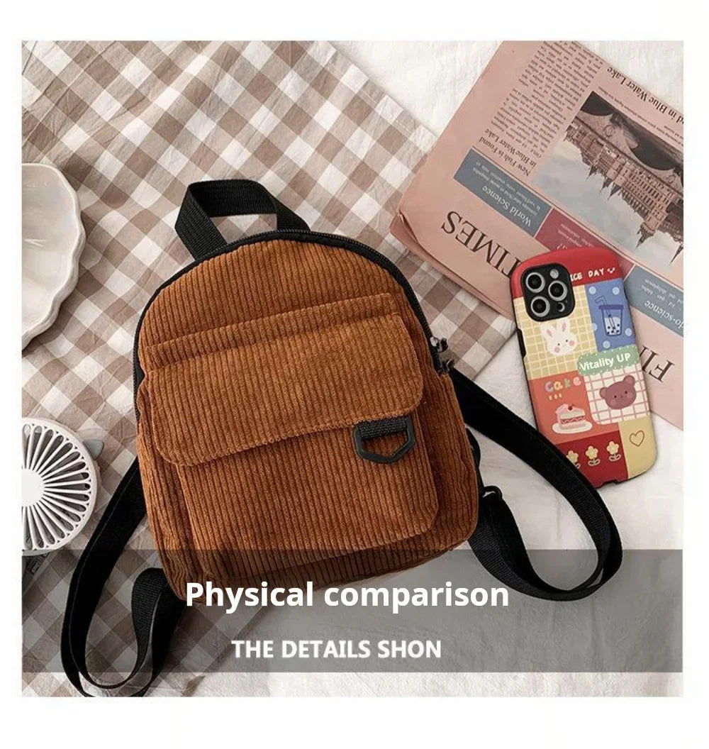 Women's Mini Backpack Fashion Solid Color Corduroy Small Simple Casual Traveling Large Capacity Durable Female's Schoolbag
