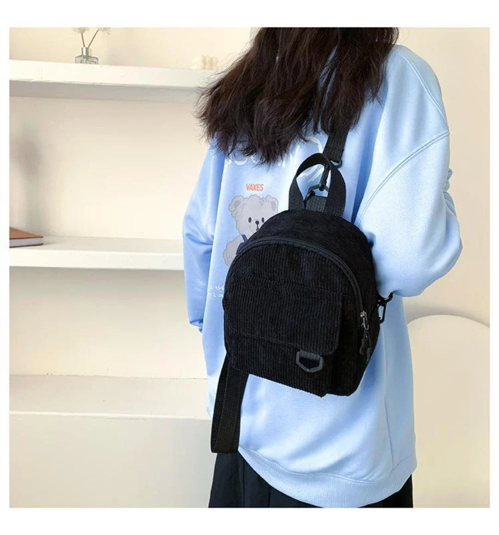 Women's Mini Backpack Fashion Solid Color Corduroy Small Simple Casual Traveling Large Capacity Durable Female's Schoolbag