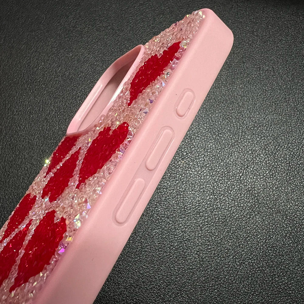 Luxury Rhinestone Phone Case For Iphone 17 16 Pro Max 15 14 13 Pro Cute Teenage Girl Bling Rhinestone Love Heart Shockproof Case