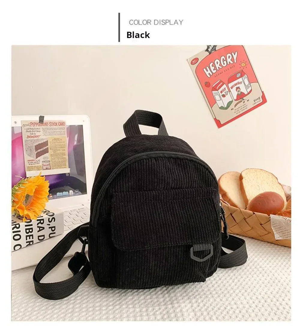 Women's Mini Backpack Fashion Solid Color Corduroy Small Simple Casual Traveling Large Capacity Durable Female's Schoolbag