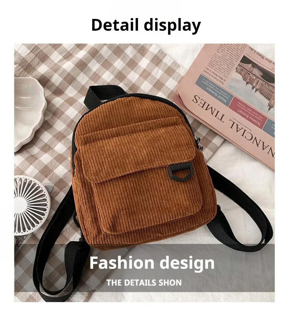 Women's Mini Backpack Fashion Solid Color Corduroy Small Simple Casual Traveling Large Capacity Durable Female's Schoolbag