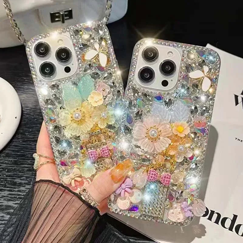 Rhinestone Phone Case for iPhone 16 16e 15 14 13 12 11 Pro Max Plus mini X XS XR SE 2020 2022 Case Flower Diamond Cover Sunjolly