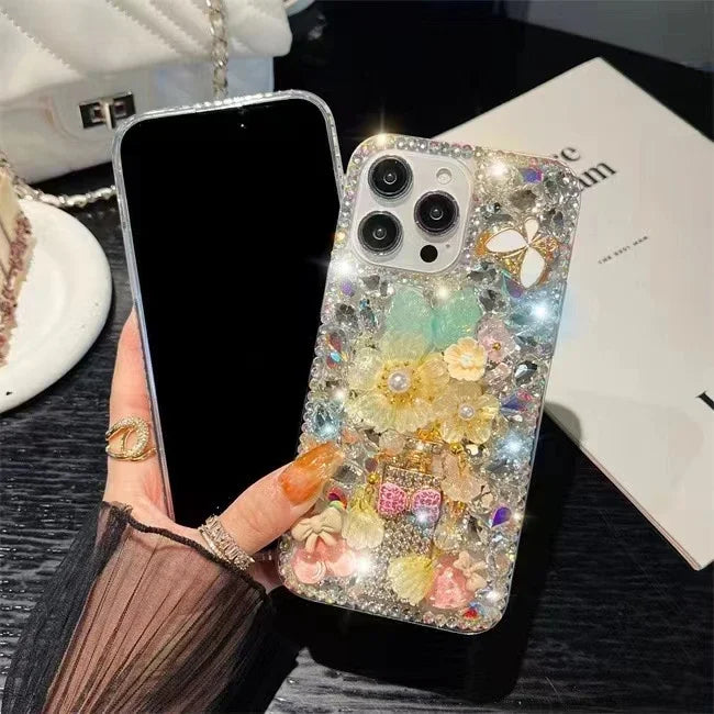 Rhinestone Phone Case for iPhone 16 16e 15 14 13 12 11 Pro Max Plus mini X XS XR SE 2020 2022 Case Flower Diamond Cover Sunjolly