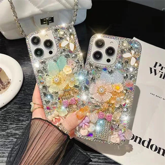 Rhinestone Phone Case for iPhone 16 16e 15 14 13 12 11 Pro Max Plus mini X XS XR SE 2020 2022 Case Flower Diamond Cover Sunjolly