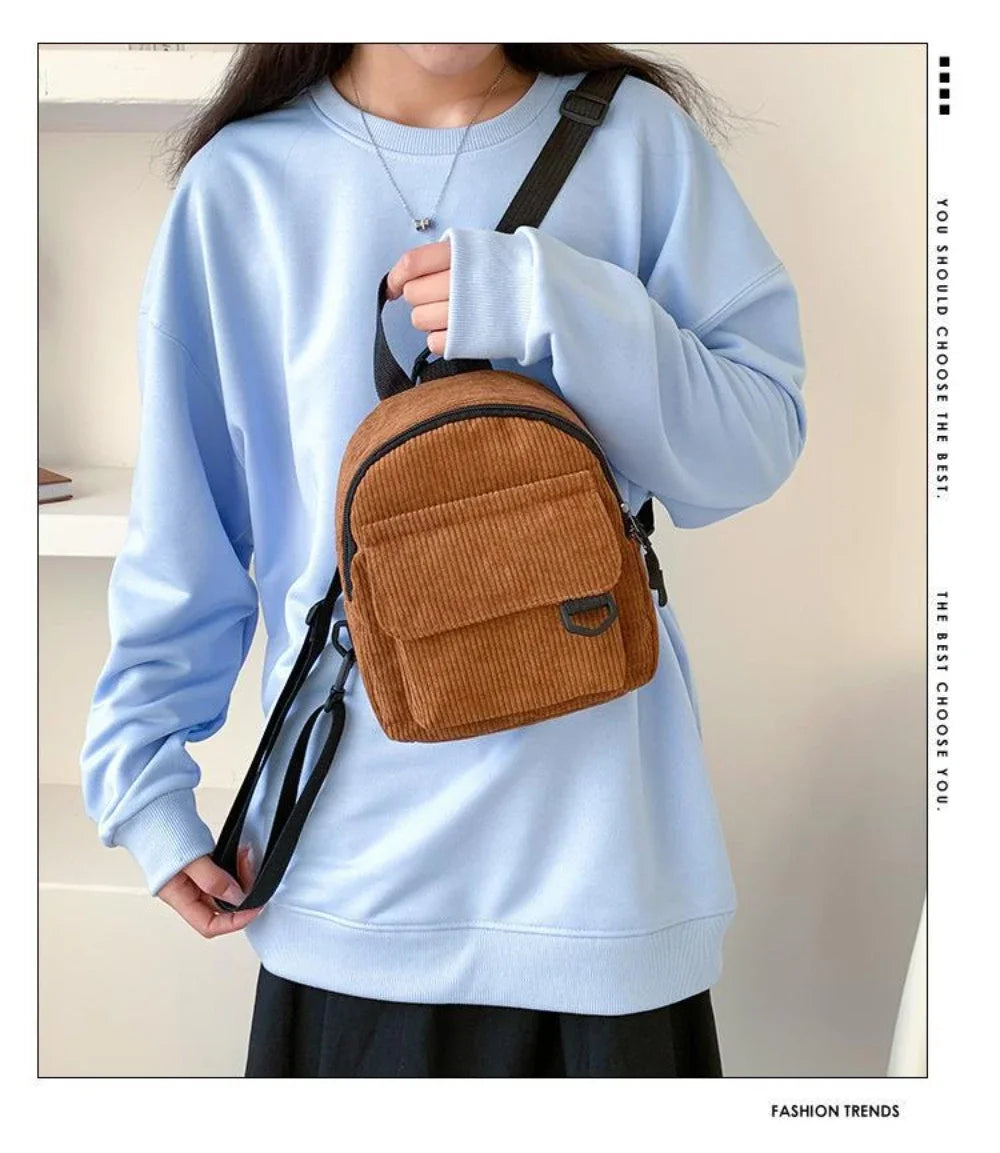 Women's Mini Backpack Fashion Solid Color Corduroy Small Simple Casual Traveling Large Capacity Durable Female's Schoolbag