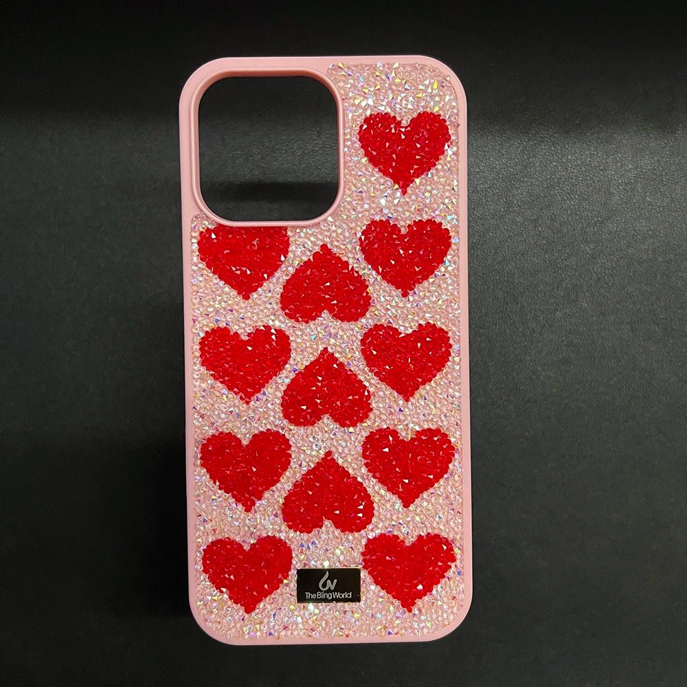 Luxury Rhinestone Phone Case For Iphone 17 16 Pro Max 15 14 13 Pro Cute Teenage Girl Bling Rhinestone Love Heart Shockproof Case