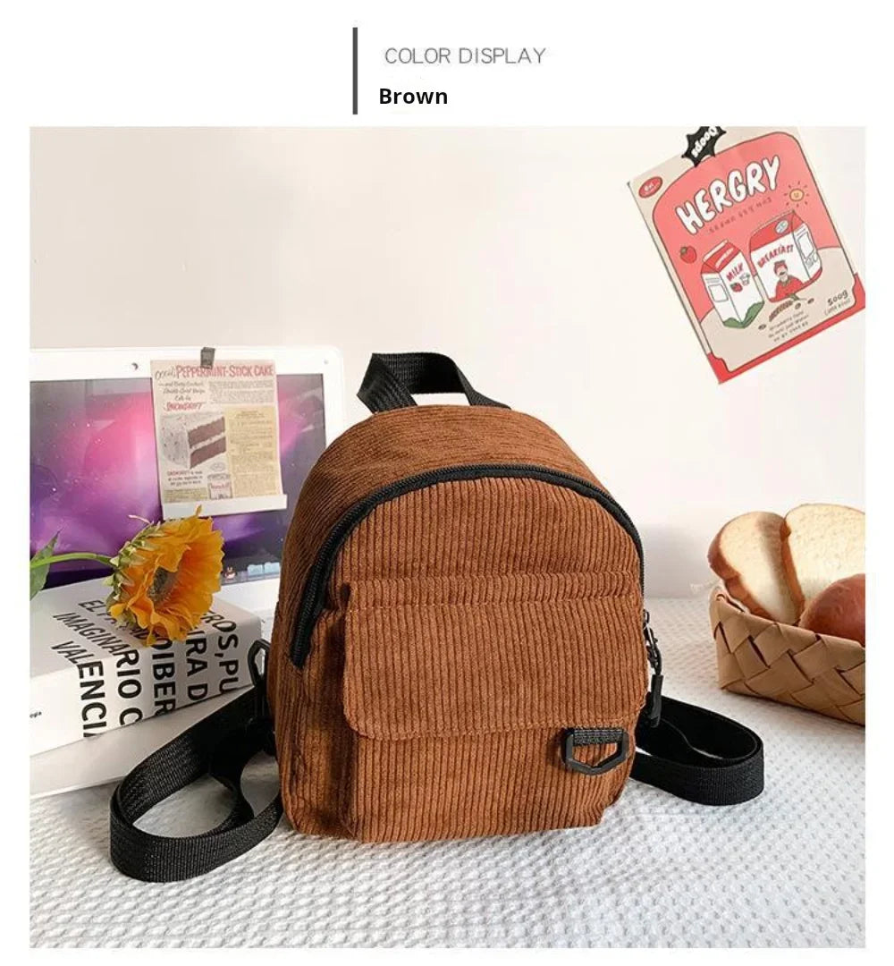 Women's Mini Backpack Fashion Solid Color Corduroy Small Simple Casual Traveling Large Capacity Durable Female's Schoolbag