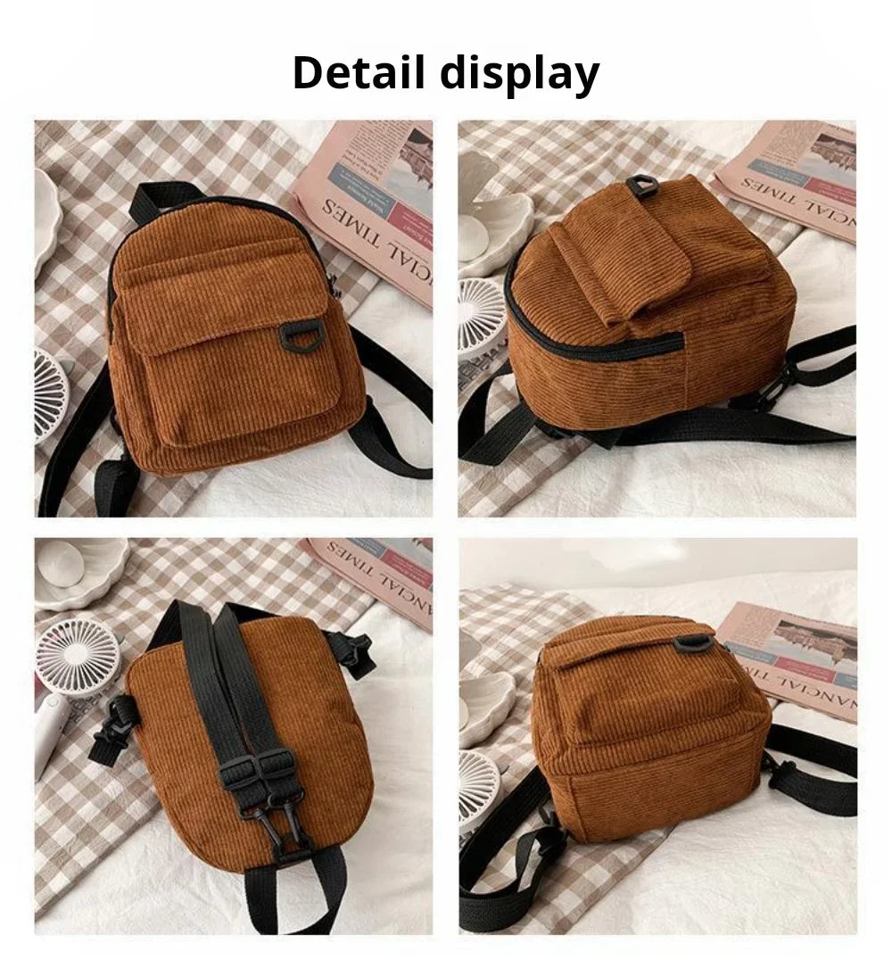 Women's Mini Backpack Fashion Solid Color Corduroy Small Simple Casual Traveling Large Capacity Durable Female's Schoolbag