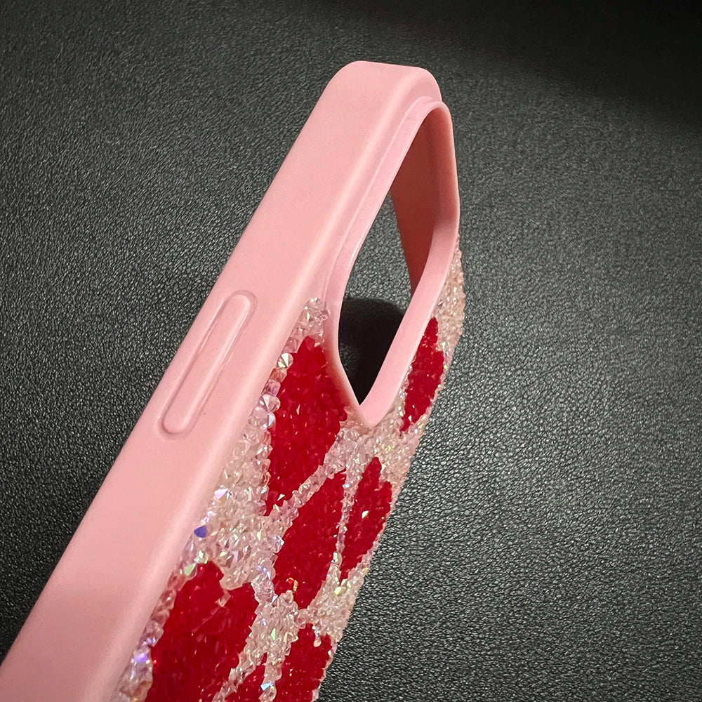 Luxury Rhinestone Phone Case For Iphone 17 16 Pro Max 15 14 13 Pro Cute Teenage Girl Bling Rhinestone Love Heart Shockproof Case