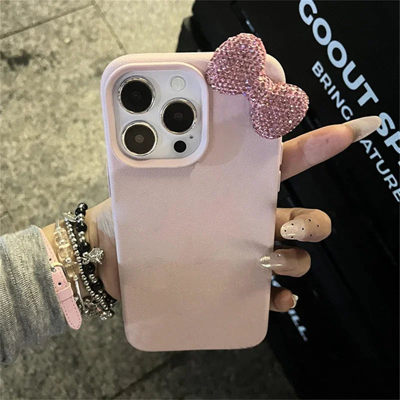 Rhinestone Bow Litchi Pattern Leather Shockproof Phone Case For iPhone 17 16 15 14 13 12 11 Pro Max 7 8 Plus X XS XR 16E Cover
