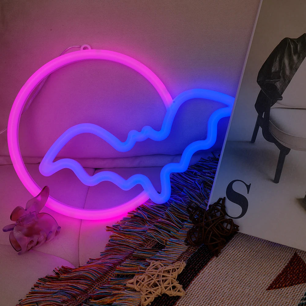 Moon Bat LED Neon Sign for Wall USB Battery Decor Gift