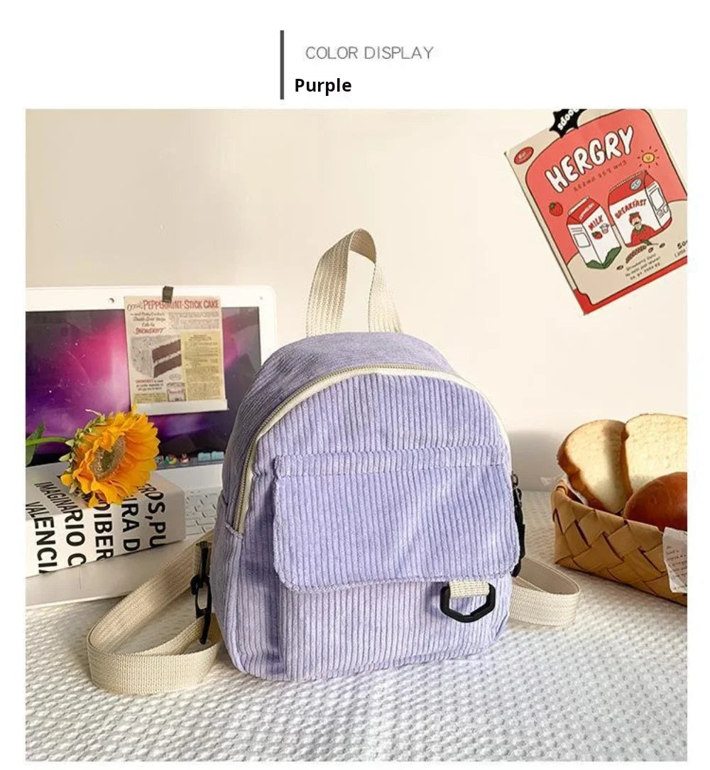 Women's Mini Backpack Fashion Solid Color Corduroy Small Simple Casual Traveling Large Capacity Durable Female's Schoolbag