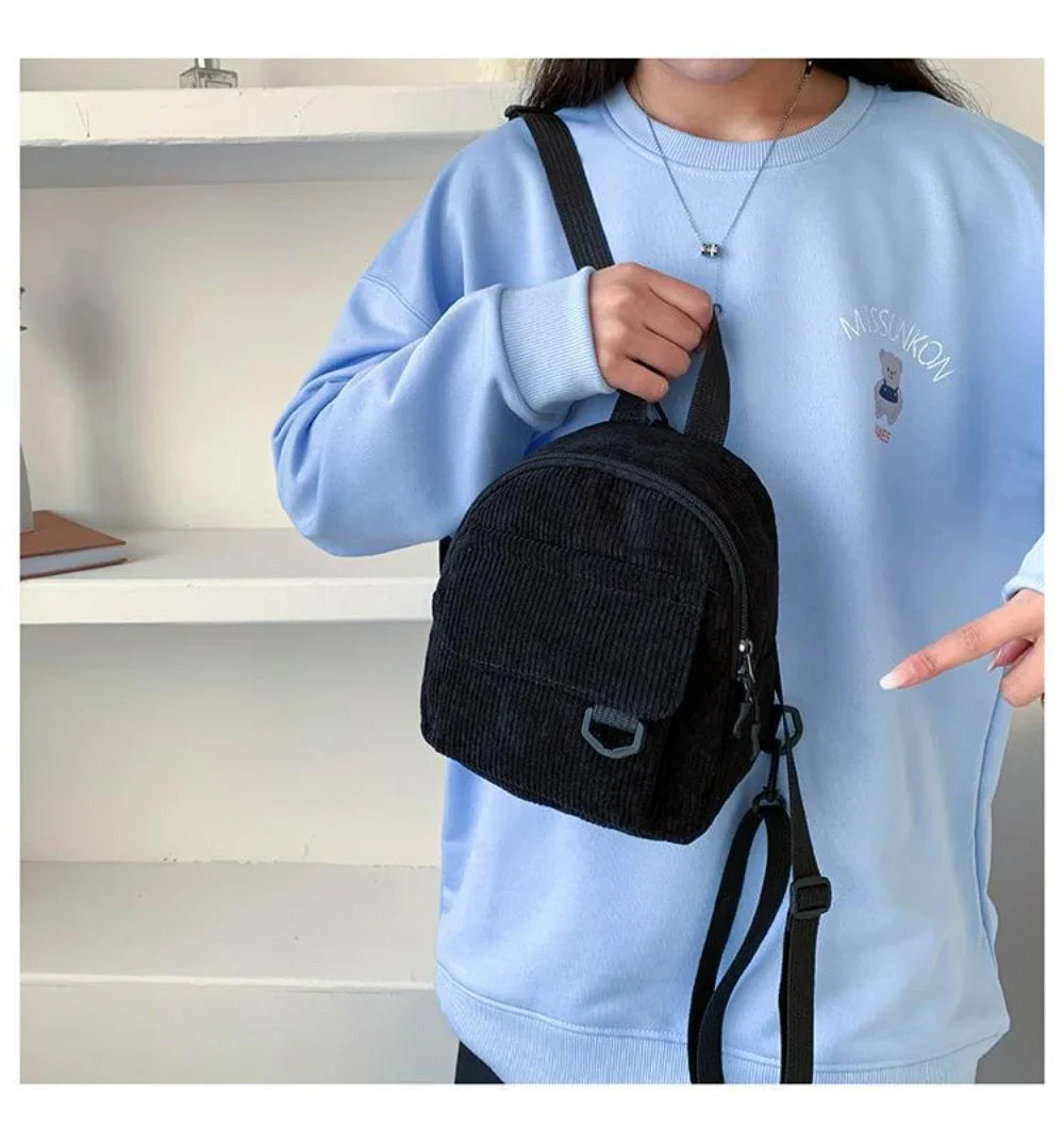Women's Mini Backpack Fashion Solid Color Corduroy Small Simple Casual Traveling Large Capacity Durable Female's Schoolbag