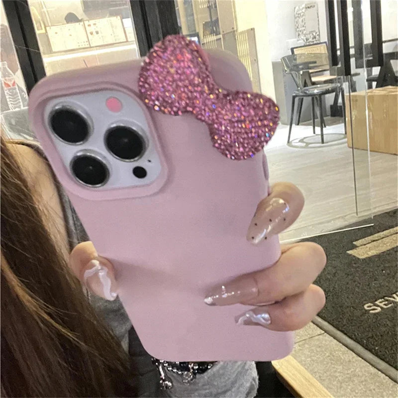 Rhinestone Bow Litchi Pattern Leather Shockproof Phone Case For iPhone 17 16 15 14 13 12 11 Pro Max 7 8 Plus X XS XR 16E Cover