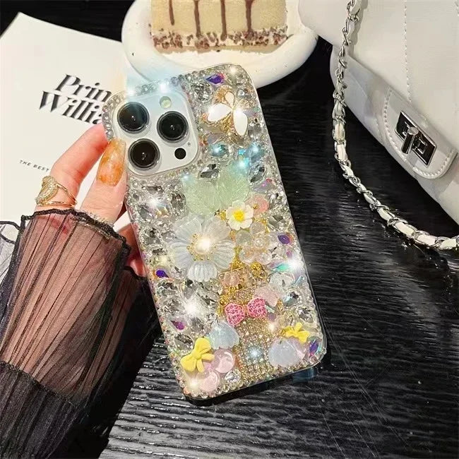 Rhinestone Phone Case for iPhone 16 16e 15 14 13 12 11 Pro Max Plus mini X XS XR SE 2020 2022 Case Flower Diamond Cover Sunjolly