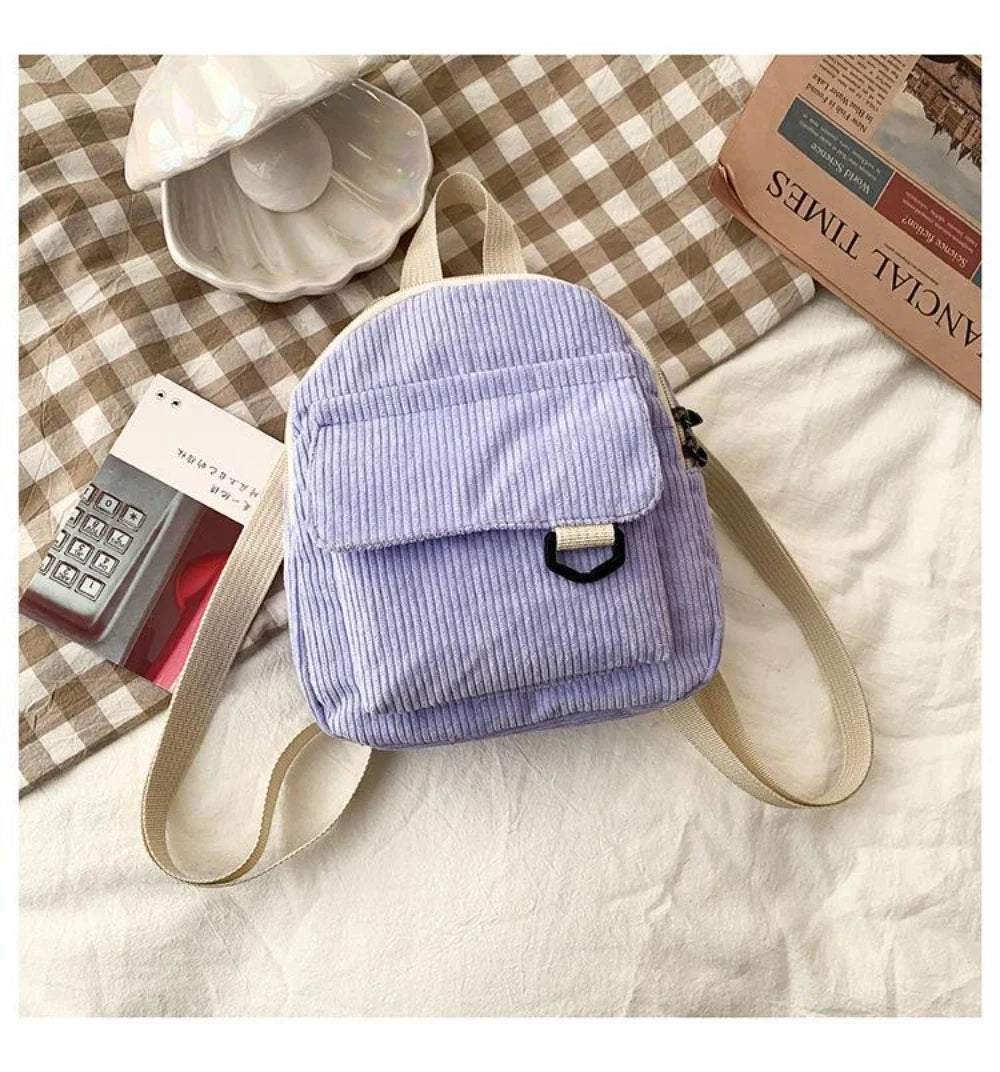Women's Mini Backpack Fashion Solid Color Corduroy Small Simple Casual Traveling Large Capacity Durable Female's Schoolbag