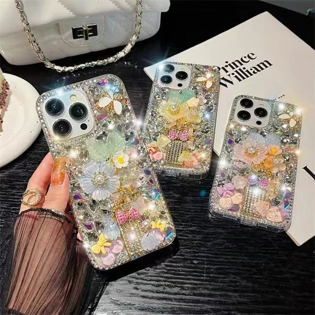 Rhinestone Phone Case for iPhone 16 16e 15 14 13 12 11 Pro Max Plus mini X XS XR SE 2020 2022 Case Flower Diamond Cover Sunjolly