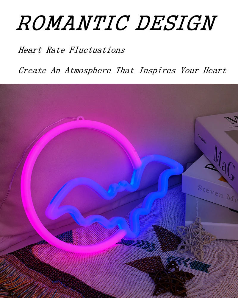 Moon Bat LED Neon Sign for Wall USB Battery Decor Gift