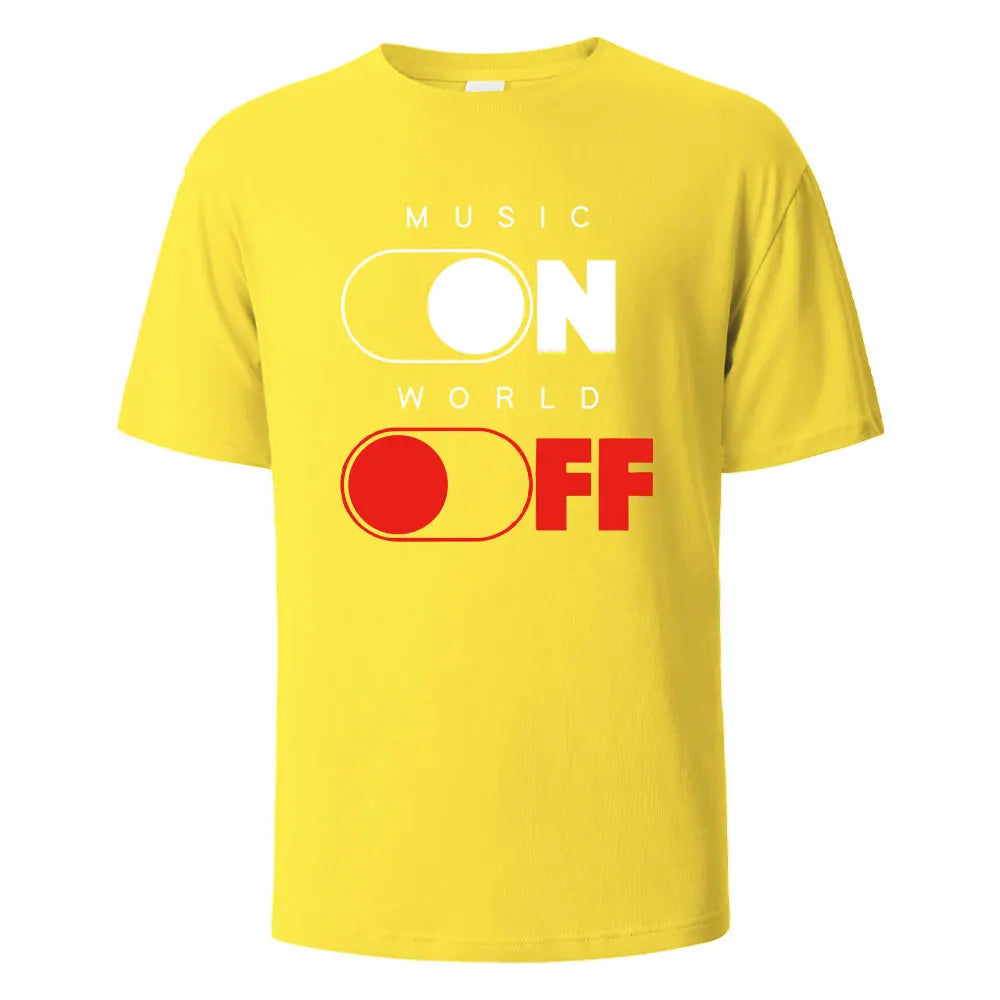 Music On World Off Graphic Printed Men's T-Shirts 100% Cotton Breathable Comfortable Tops For Men Summer Oversize Men Clothing