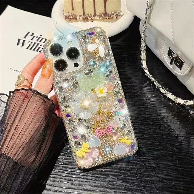 Rhinestone Phone Case for iPhone 16 16e 15 14 13 12 11 Pro Max Plus mini X XS XR SE 2020 2022 Case Flower Diamond Cover Sunjolly