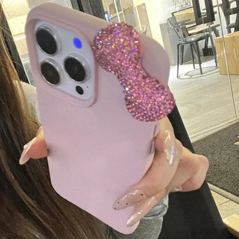 Rhinestone Bow Litchi Pattern Leather Shockproof Phone Case For iPhone 17 16 15 14 13 12 11 Pro Max 7 8 Plus X XS XR 16E Cover