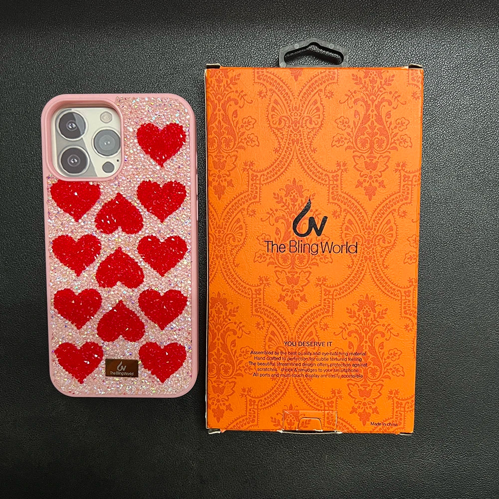 Luxury Rhinestone Phone Case For Iphone 17 16 Pro Max 15 14 13 Pro Cute Teenage Girl Bling Rhinestone Love Heart Shockproof Case