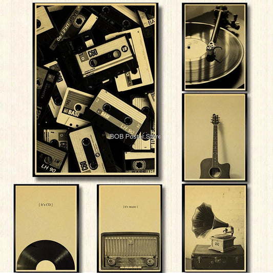 Vintage Music Records Black White Kraft Paper Poster Headphone Lyrics Guitar CD Art Painting Picture Room Home Wall Sticker
