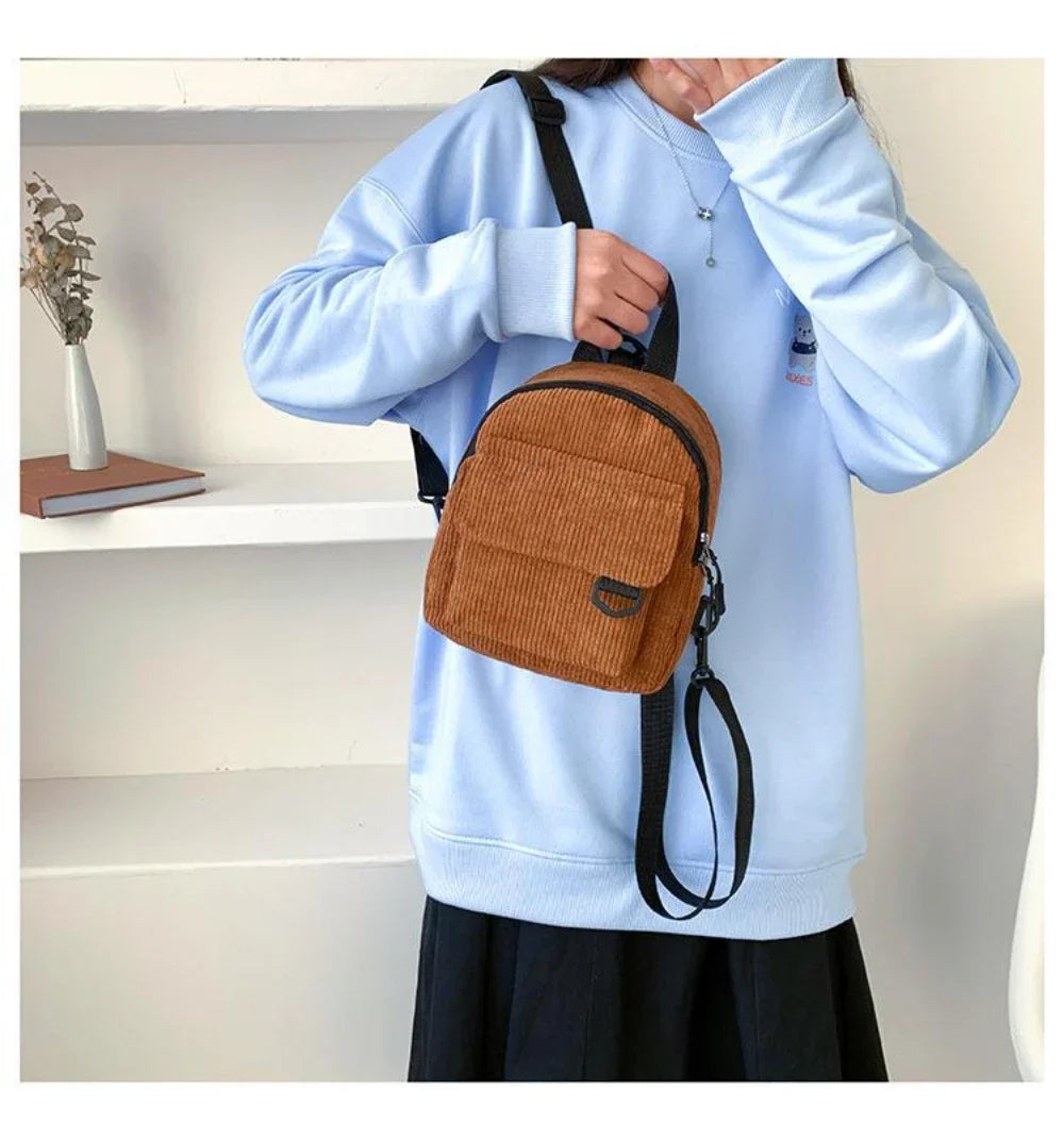 Women's Mini Backpack Fashion Solid Color Corduroy Small Simple Casual Traveling Large Capacity Durable Female's Schoolbag