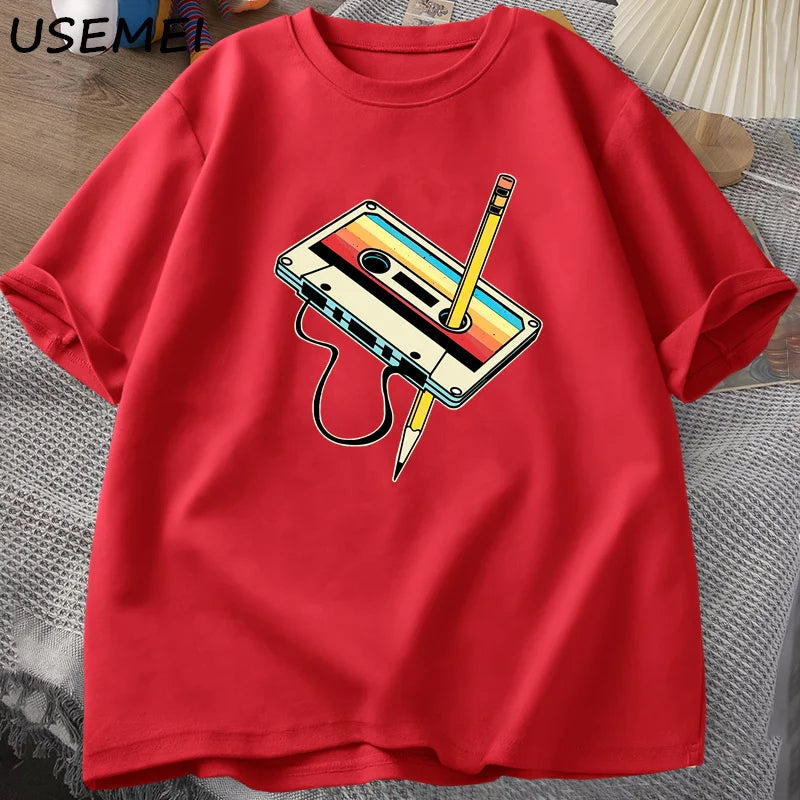 80s Cassette Tape Pencil T Shirts Men Women Retro Vintage Throwback Music Short Sleeve Graphic T Shirts Cotton Casual 90s Tees
