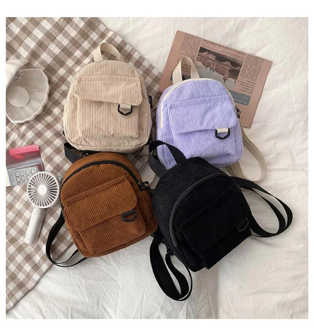Women's Mini Backpack Fashion Solid Color Corduroy Small Simple Casual Traveling Large Capacity Durable Female's Schoolbag