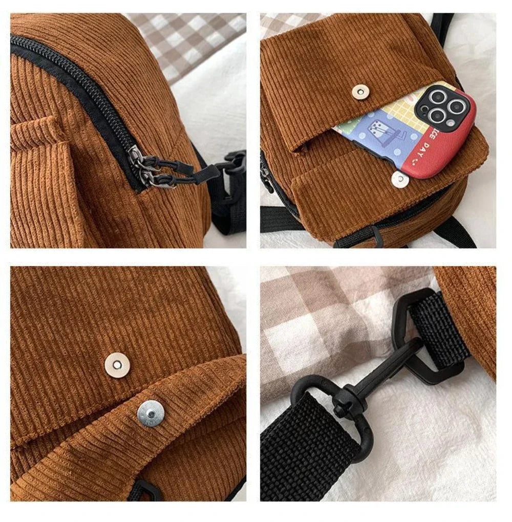 Women's Mini Backpack Fashion Solid Color Corduroy Small Simple Casual Traveling Large Capacity Durable Female's Schoolbag