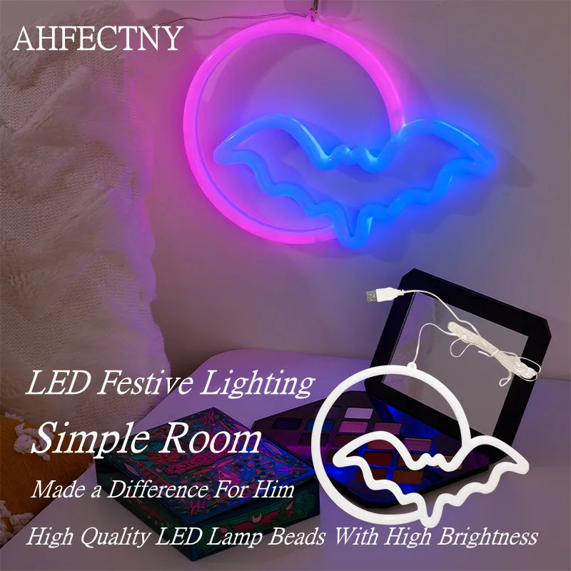Moon Bat LED Neon Sign for Wall USB Battery Decor Gift