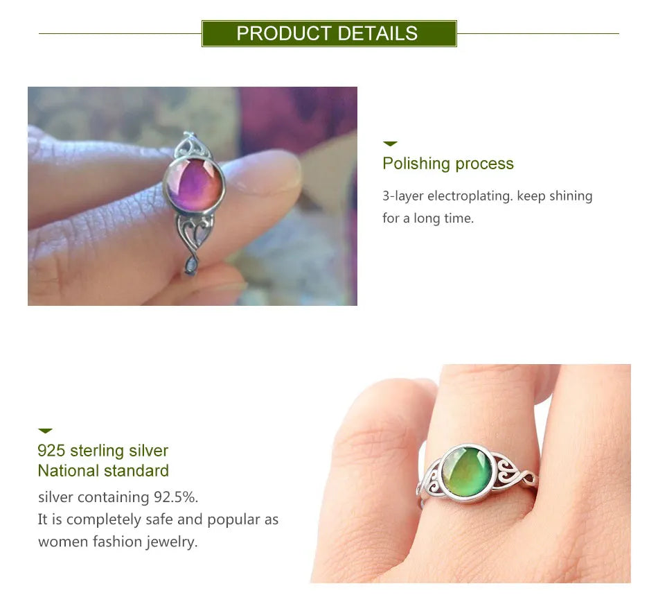 925 Silver Oval Mood Temperature Change Ring For Women Charm Wedding Party Jewelry Gifts