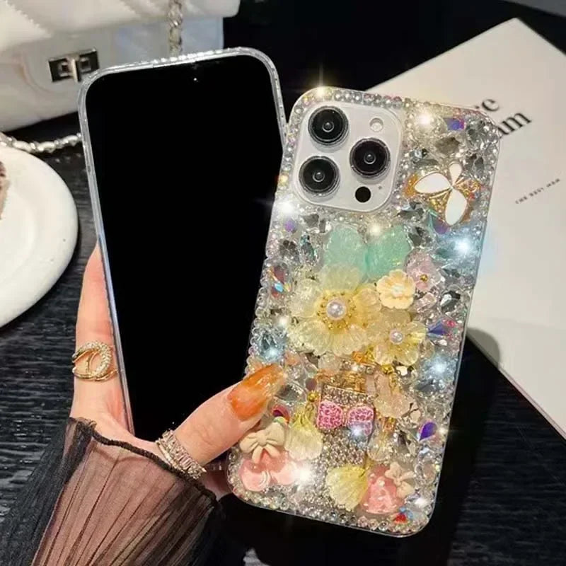 Rhinestone Phone Case for iPhone 16 16e 15 14 13 12 11 Pro Max Plus mini X XS XR SE 2020 2022 Case Flower Diamond Cover Sunjolly