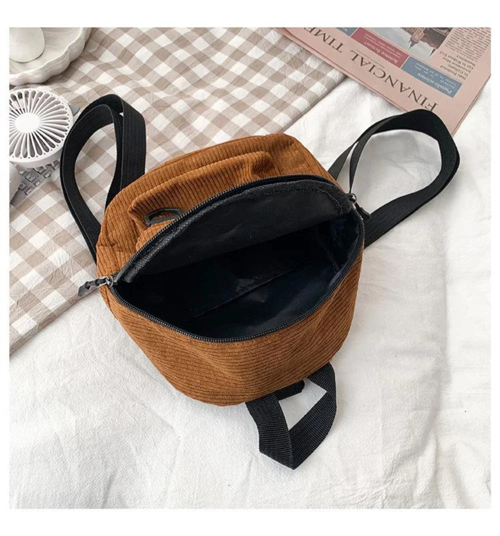 Women's Mini Backpack Fashion Solid Color Corduroy Small Simple Casual Traveling Large Capacity Durable Female's Schoolbag