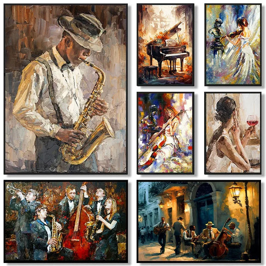 Vintage Music Oil Jazz Saxophone Violin Guitar Piano Posters and Prints Canvas Printing Wall Art Picture for Living Room Decor