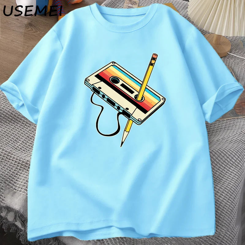 80s Cassette Tape Pencil T Shirts Men Women Retro Vintage Throwback Music Short Sleeve Graphic T Shirts Cotton Casual 90s Tees
