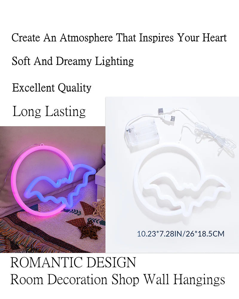 Moon Bat LED Neon Sign for Wall USB Battery Decor Gift