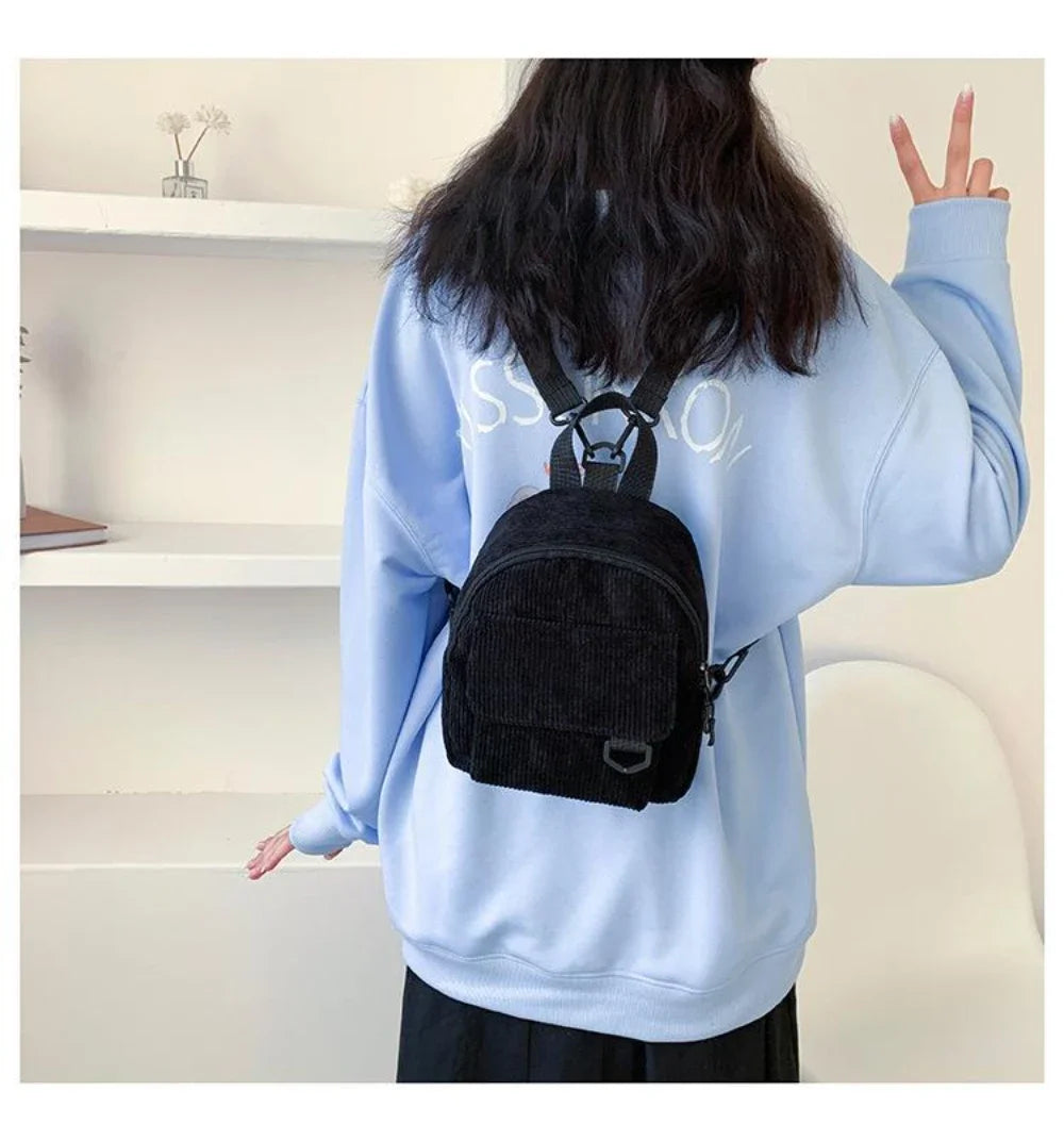Women's Mini Backpack Fashion Solid Color Corduroy Small Simple Casual Traveling Large Capacity Durable Female's Schoolbag