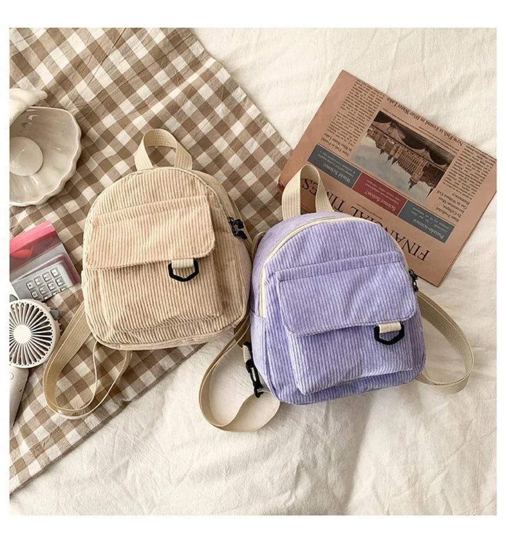 Women's Mini Backpack Fashion Solid Color Corduroy Small Simple Casual Traveling Large Capacity Durable Female's Schoolbag