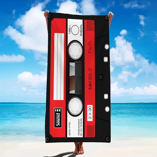 1pc Retro Cassette Tape Printed Large Square Ultra-Fine Fiber Super Soft Microfiber Beach Towel - Modern, Absorbent, Lightweight, Quick-Dry, Oblong Shape, 250g/㎡ - Perfect for Beach, Shower, Swimming Pool, Camping, Travel,