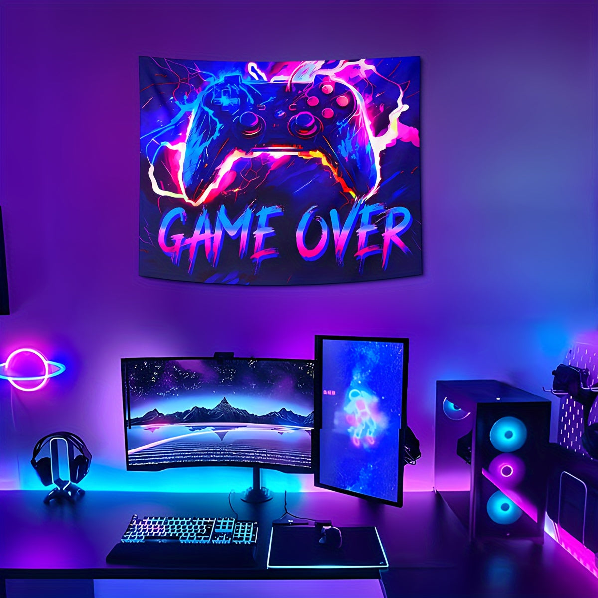 1pc Fluorescent Gaming Tapestry - Vibrant Gaming Theme, UV Blacklight Neon Lights - Ideal for Game Rooms, Dorms, Living Spaces - Enhance Your Home Decor with Dynamic Glow - Free Installation Kit Included