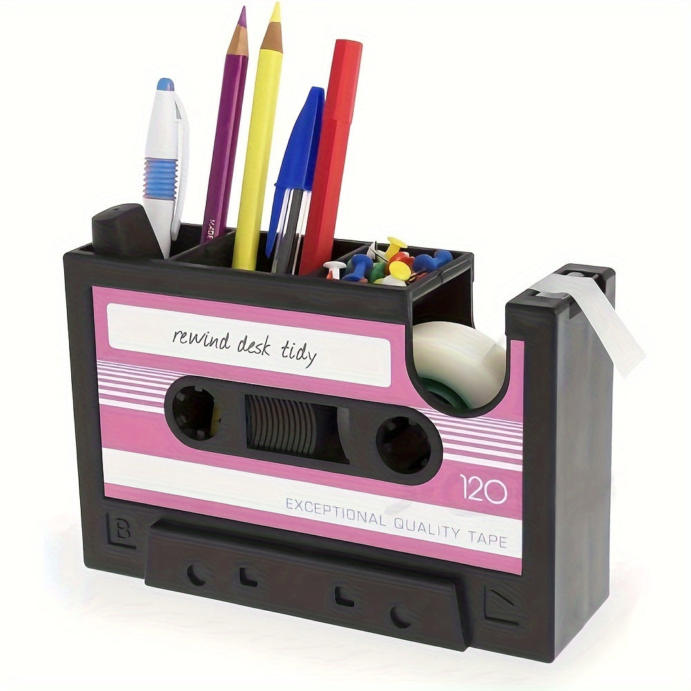 Retro Cassette Tape Dispenser & Pen Holder - Black ABS Resin Desk Organizer, Office Stationery Caddy with Vase Design