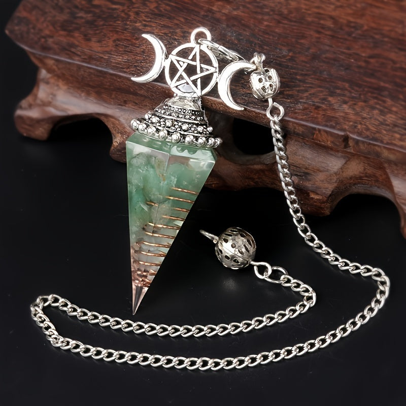 1PC Seven Chakra Gravel Resin Artificial Crystal Pendant, Divination Moon Chakra Hexagonal Cone Pendulum