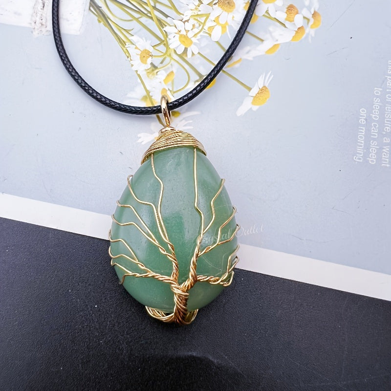 1pc Natural Crystal Droplet Cooper Tree Of Life Charm Pendant Necklace, Black Faux Leather Chakra Gemstone Jewelry Gifts For Women Men