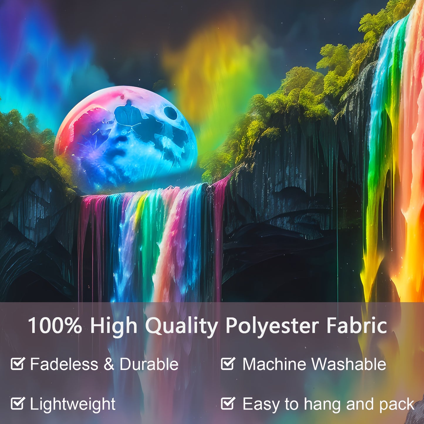 1pc  Waterfall With Rainbow Forest Nightscape Fluorescent Tapestry, Galaxy Nature Landscape Polyster UV Blacklight Tapestry, Holiday Gift, Wall Hanging For Living Room Bedroom Office Home Decor/Room Decor/Party Decor, With Fr